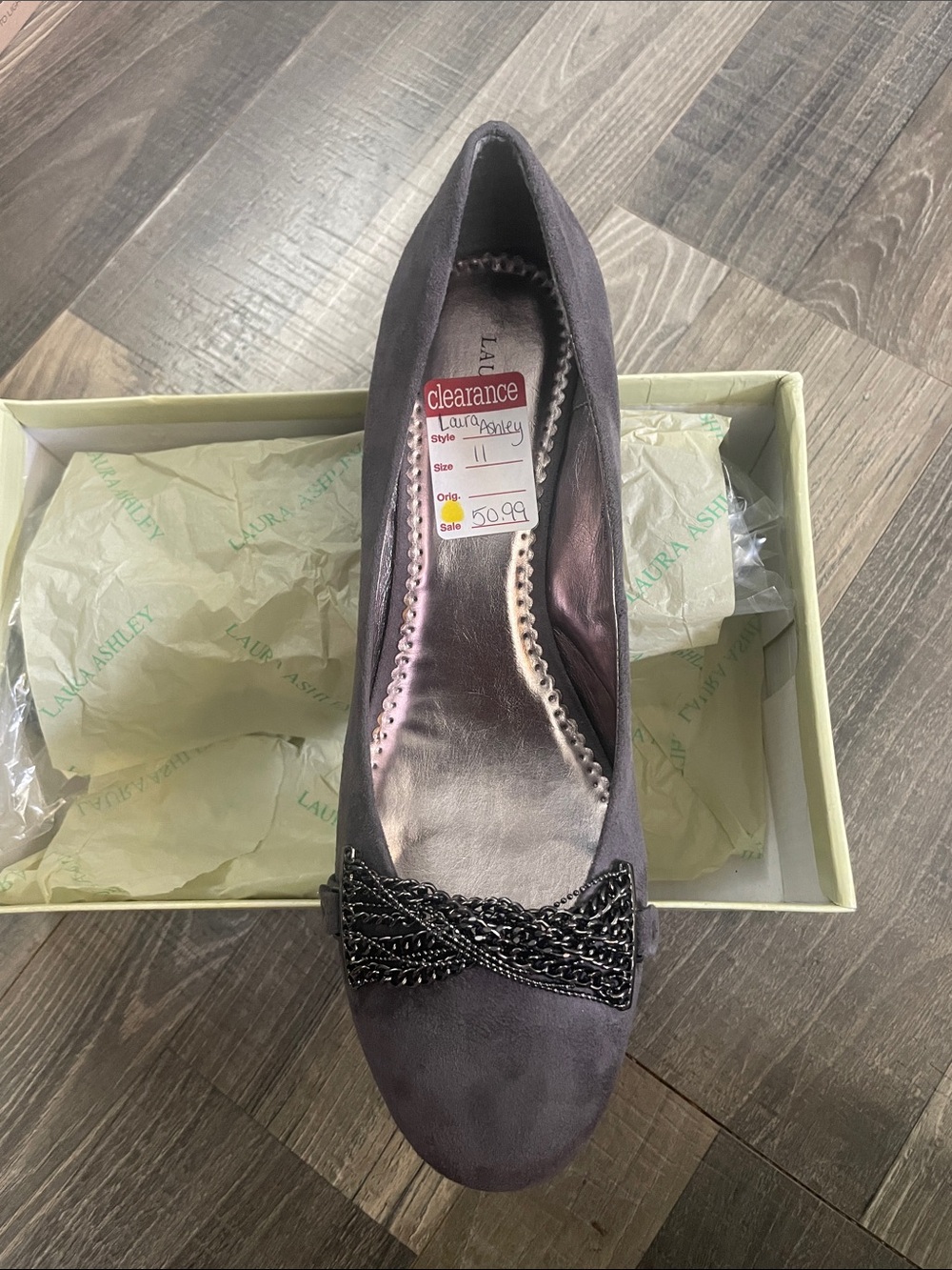 Laura Ashley Charcoal Gray Suede Chain-Trim Ballet Flat
